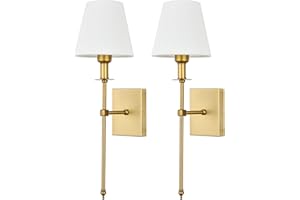 Pauwer Slim Wall Sconces Set of 2 White Fabric Shade Hardwired Indoor Light Column Stand Bedroom Wall Lamp Bathroom Vanity Light Fixture, Antique Brass
