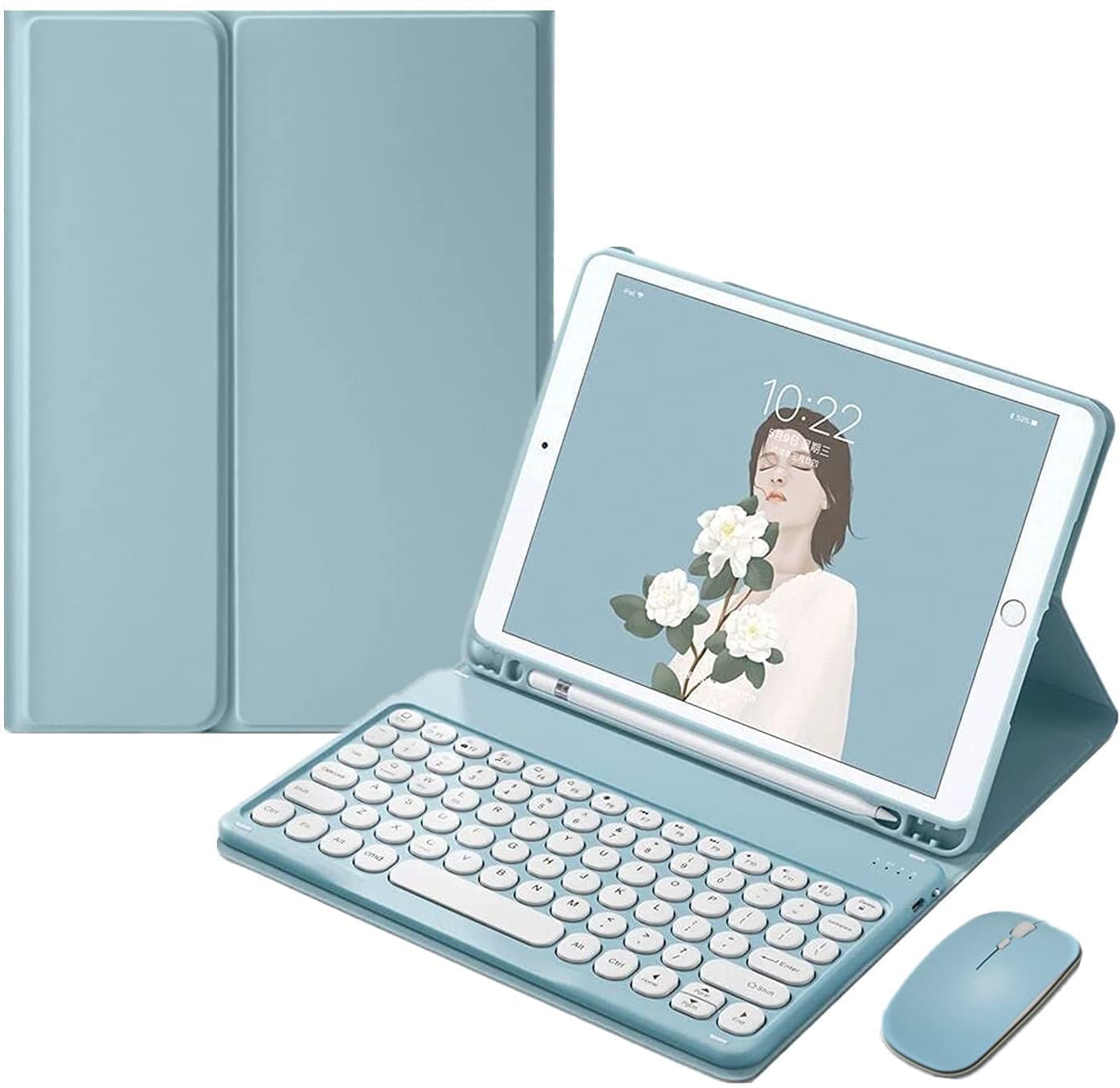 Keyboard Case for Samsung Galaxy Tab S8/S7 11" with Mouse，Smart Soft Case with Bluetooth Keyboard，Detachable Wireless Keyboard Tablet Cover with Pencil Holder (Misty Blue)