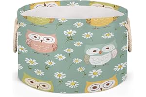 Ginfult Round Storage Basket Cute Owl Daisy Pattern Large Collapsible Nursery Bins with Cotton Rope Handles Toy Organizer Lau