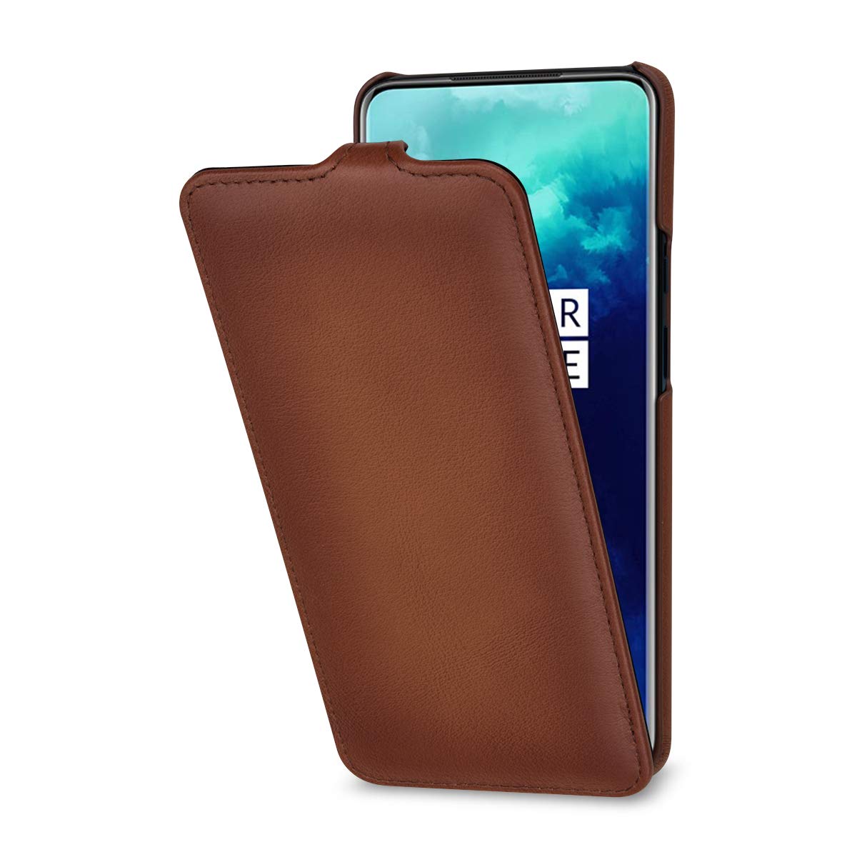 StilGut Slim Vertical Flip Case for OnePlus 7T Pro, Genuine Leather OnePlus 7T Pro Case, Antique Brown — image 1