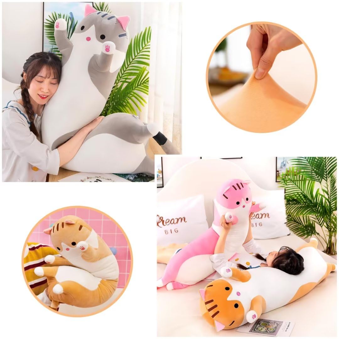 SHINUOER Cute Cat Plush Long Body Pillow – Soft Cartoon Stuffed Animal Doll, Kawaii Cat Plushie Cuddle Toy Gift for Kids, Girls & Girlfriend (Pink, 19.7 Inch)
