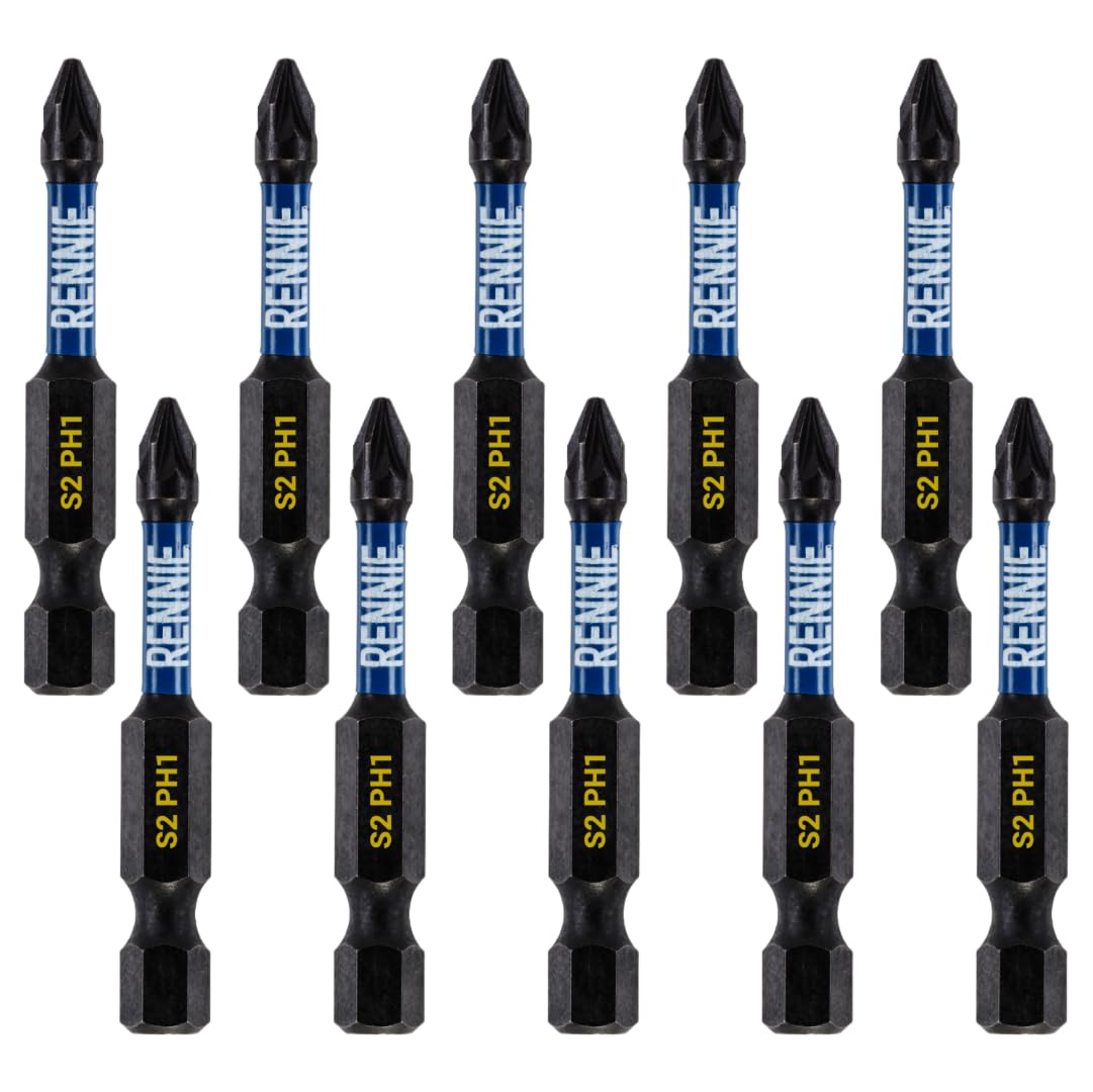 10 x Rennie Tools 50mm Long PH1 Impact Screwdriver Driver Bits Set. Magnetic Phillips No.1 Heavy Duty Impact Driver Bit Set. PH1 Bits. Hex Shank, Cross Head. Black Oxide Coated