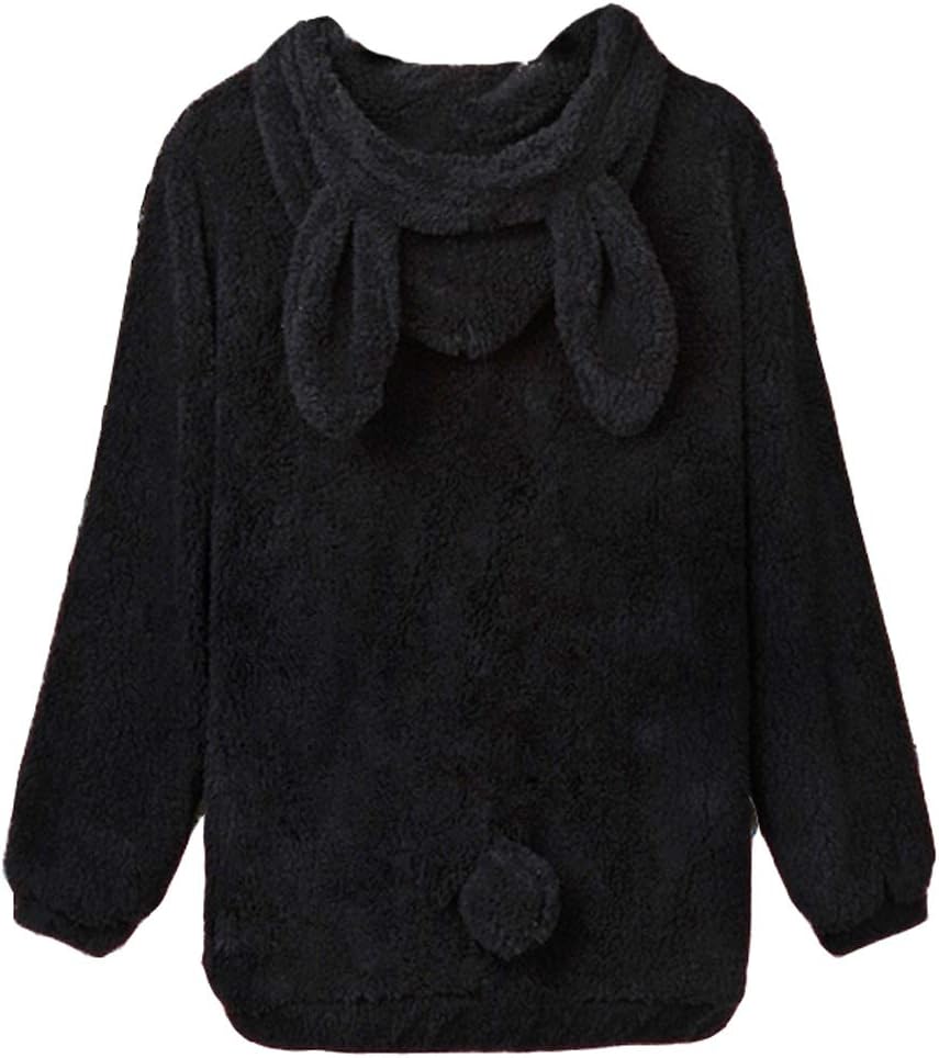 Women Fashion Bunny Hoodie Fluffy Double Velvet Winter Rabbit Ear&Tail Zipper Fuzzy Fleece Hooded Switershirt