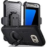 For Samsung Galaxy S7 EDGE Case, PlusMall Rugged Shockproof Hybrid Protective Case Back Cover with Swivel Belt Clip Hard Holster Defender Case Ring Rotating Kickstand (Black)