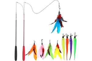 Cat Feather Toy, Retractable Cat Toys Wand 2 Wands & 9 Assorted Teaser Refills, Interactive Feather Teaser Wand Toy Bell Kitt