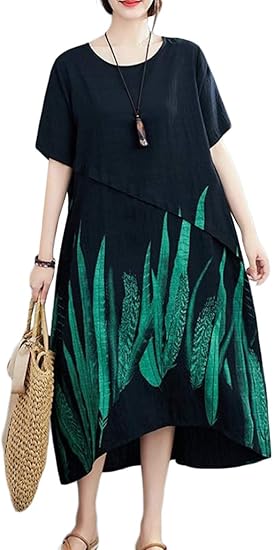 Amazon ｊｑｂｆｌワンピース レディース 半袖 綿 麻 ロングワンピース プリント柄 ポケット付き おしゃれ フレアワンピース 夏 ロング エスニック風 ワンピ 大きいサイズ 体型カバー ワンピース チュニック 通販