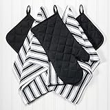 Dish Towels, Pot Holders and Oven Mitt 5-piece Premium Kitchen Linen Set by Saybrook, 100% Cotton, Black/White
