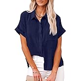 Womens Casual Cotton Linen Button Down Short Sleeve Shirts Solid Summer Beach Blouses Tops with Pocket