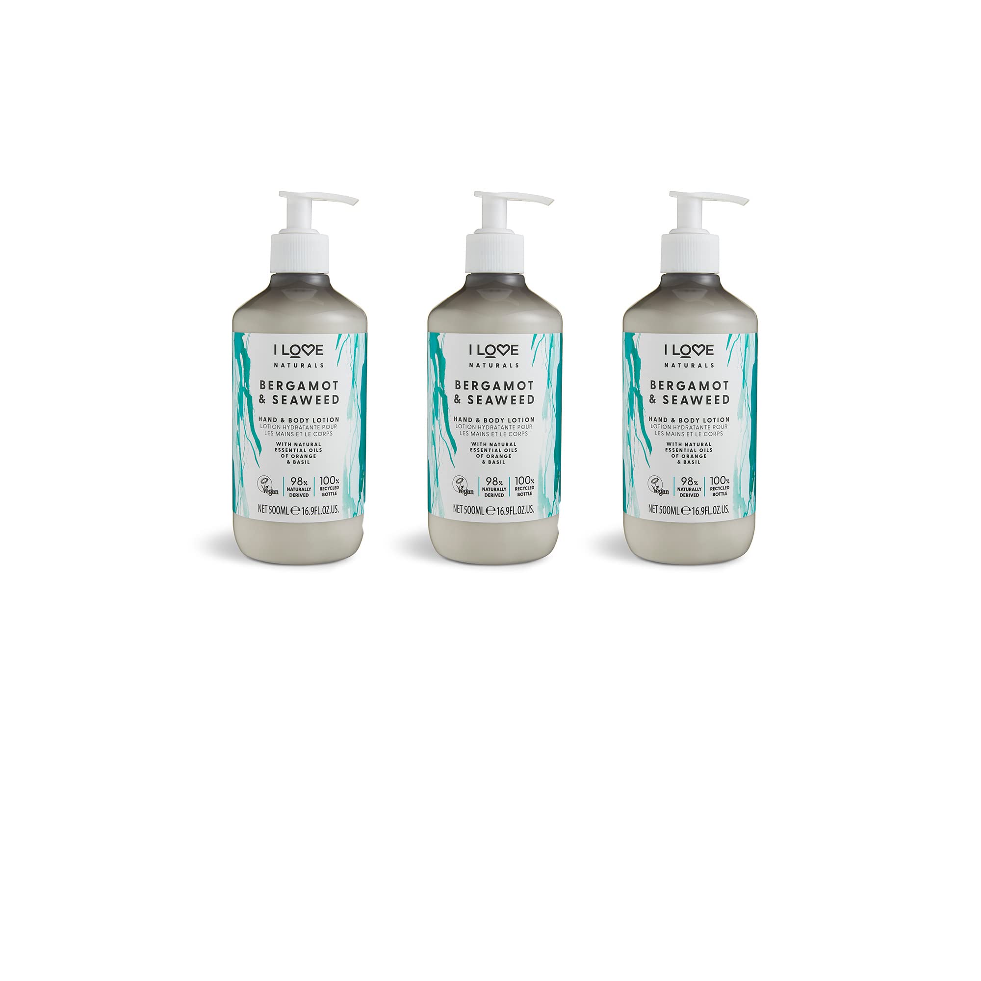 I Love Naturals Bergamot & Seaweed Hand & Body Lotion, Essential Oils Of Orange & Basil, Crafted With Ingredients Such as Shea Butter, 3 x 500ml
