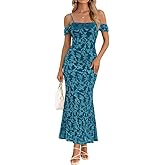 MEROKEETY Women's 2026 Summer Off The Shoulder Spaghetti Strap Floral Mesh Wedding Guest Cocktail Formal Party Maxi Dresses