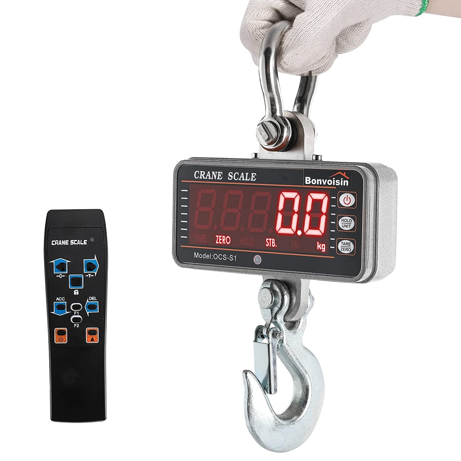 Bonvoisin Digital Crane Scale Industrial Heavy Duty Hanging Scale with Remote Control Portable Electronic Weighing Crane Scale 5-Digit LED Display CE Certified (Silver,1000kg)