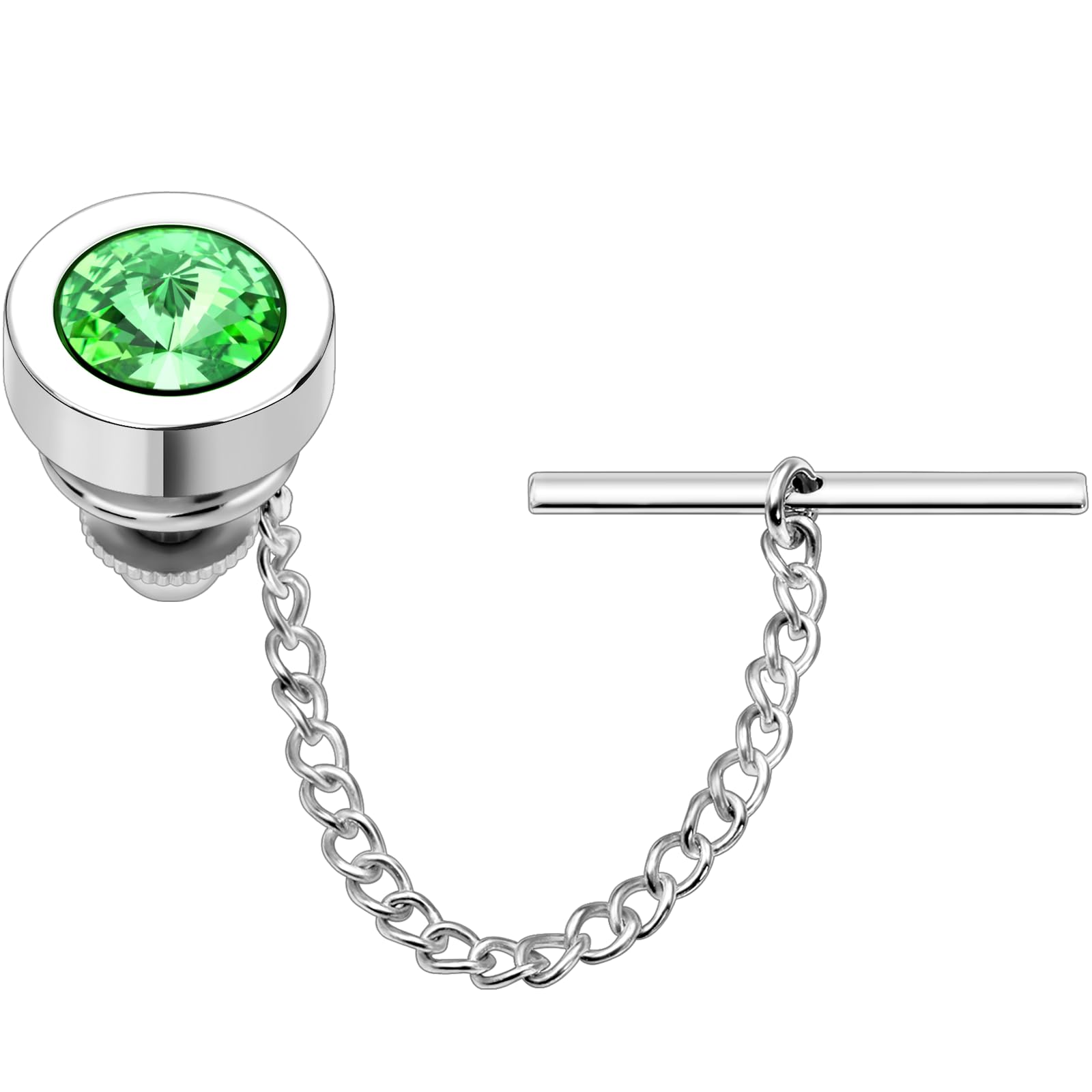 HAWSON Mens Tie Tack with Chain Round Crystal Wedding Business Accessories, Silver + Peridot