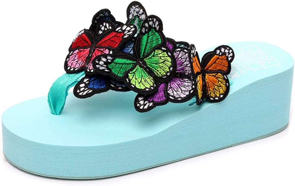 MISTU Women's Bohemian Butterfly Platform High Heel Flip Flops Anti-Slip Summer Beach Thong Wedge Sandals
