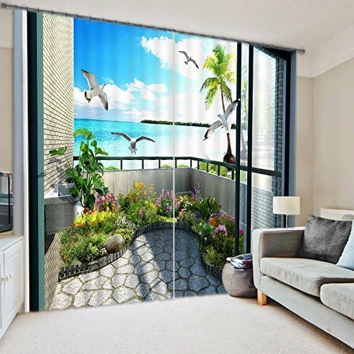 3D Sea View Seagull Print Blackout Curtain Wide Durable Practical Polyester Decorative Window Treatment ,2 Panels ,104W84"L