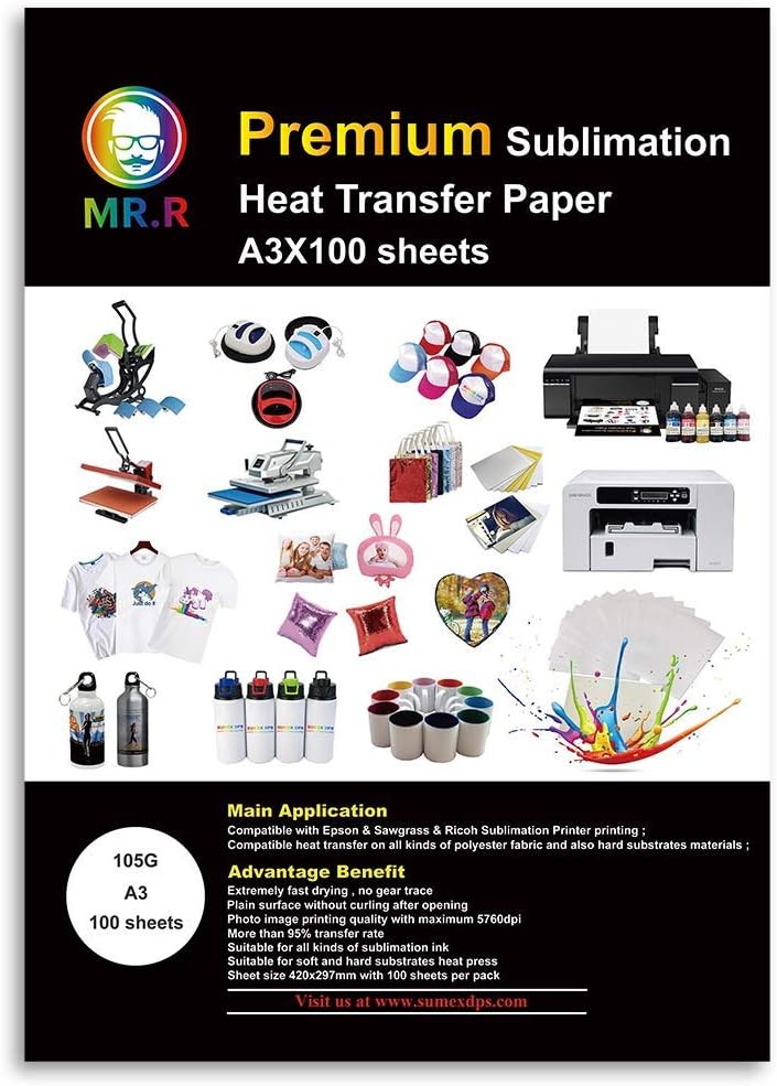 MR.R Sublimation Heat Transfer Paper 105gsm 297mm x 420mm Pack of 100 Sheets Compatible with EPSON, SAWGRASS, RICOH