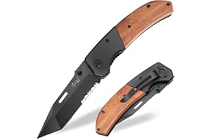 Vickay Pocket Knife, Folding Knife with Clip - 3.54″ Black Serrated Steel Blade, Wood Handle EDC Knife for Men & Women, Outdoor Camping, Tactical, Hunting, Hiking, Survival - Father’s Day Gift