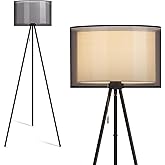KDG Modern Floor Lamp - Tall Tripod Lamp for Living Room, Bedroom, Office; Fabric Shade, LED Bulb, Warm Light (Black)