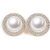 Guptue S925 Silver Needle Pearl Button Stud Earrings - Cultured Freshwater Pearl & Cubic Zirconia - Birthday Gifts for Women