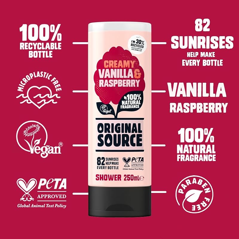 Gel de ducha Vainilla y Frambuesa, fragancia 100% natural, vegano, sin pruebas en animales, sin parabenos, pack grande con 6 x 250 ml — foto 2 de 7