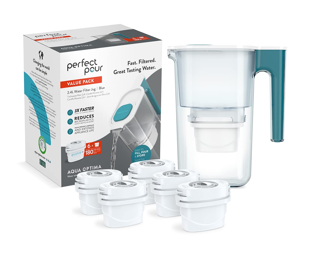 Aqua Optima Perfect Pour Water Filter Jug & 6 Evolve+ Filter Cartridges, 2.4L, Blue - Fridge & Dishwasher Friendly - Reduces Limescale, Chlorine and Other Impurities - By LAICA (Packaging May Vary)