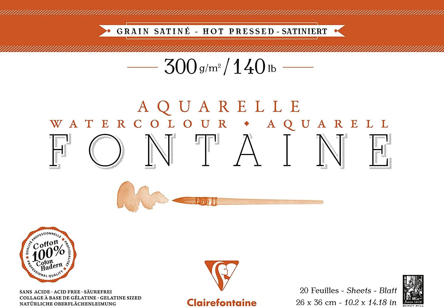 Clairefontaine - Ref 96345C - Fontaine Hot Pressed Watercolour Glued Pad (20 Sheets) - 26 x 36cm Size, 300gsm Paper - Suitable for Watercolour Artwork