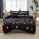 Kawaii Bedding Strawberry Duvet Cover Red and Black Comforter Cover Set Queen Aesthetic Comforter Cover for Kids Boys Girls Teens Cute Decor Bedding Set Fruit Theme Red Black Reversible Quilt Cover