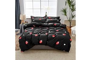 EROSEBRIDAL Kawaii Bedding Strawberry Duvet Cover Red and Black Comforter Cover Set Queen Aesthetic Comforter Cover for Kids Boys Girls Teens Cute Decor Bedding Set Fruit Theme Red Black Reversible Quilt Cover