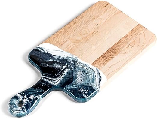 Amazon Com Lynn Liana Resin Accented Cheese Board Canadian Maple Wood Charcuterie Tray With Unique Handmade Design And Handle 8x16 Navy White And Metalic Cheese Plates