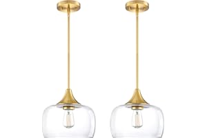 DORAIMY LIGHTING 2 Pack 1 Light Hanging Indoor Kitchen Island Pendant Ceiling Light 9" Drum Clear Glass Shade Fixture,Brushed Bronze Finish Modern Farmhouse Dinning Over Sink Adjustable Rod