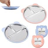 lasuroa 2pcs Stainless Steel Baby Plates with Suction, 9.25" Divided Toddler Plates with Removable Silicone Sleeves, Non-Slip Kid Food Tray for Home Highchair Travel Mealtime (Blue and Pink)