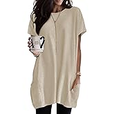 Poetsky Summer Womens Tunic Tops for Leggings with Pockets Short Sleeve Casual Long T Shirts S-3XL