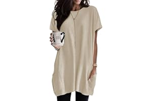 Poetsky Summer Womens Tunic Tops for Leggings with Pockets Short Sleeve Casual Long T Shirts