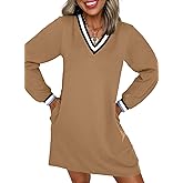 EVALESS Womens Dresses 2026 Spring Fall V Neck Long Sleeve Casual Tshirt Dress Contrast Striped Sweatshirt Dress