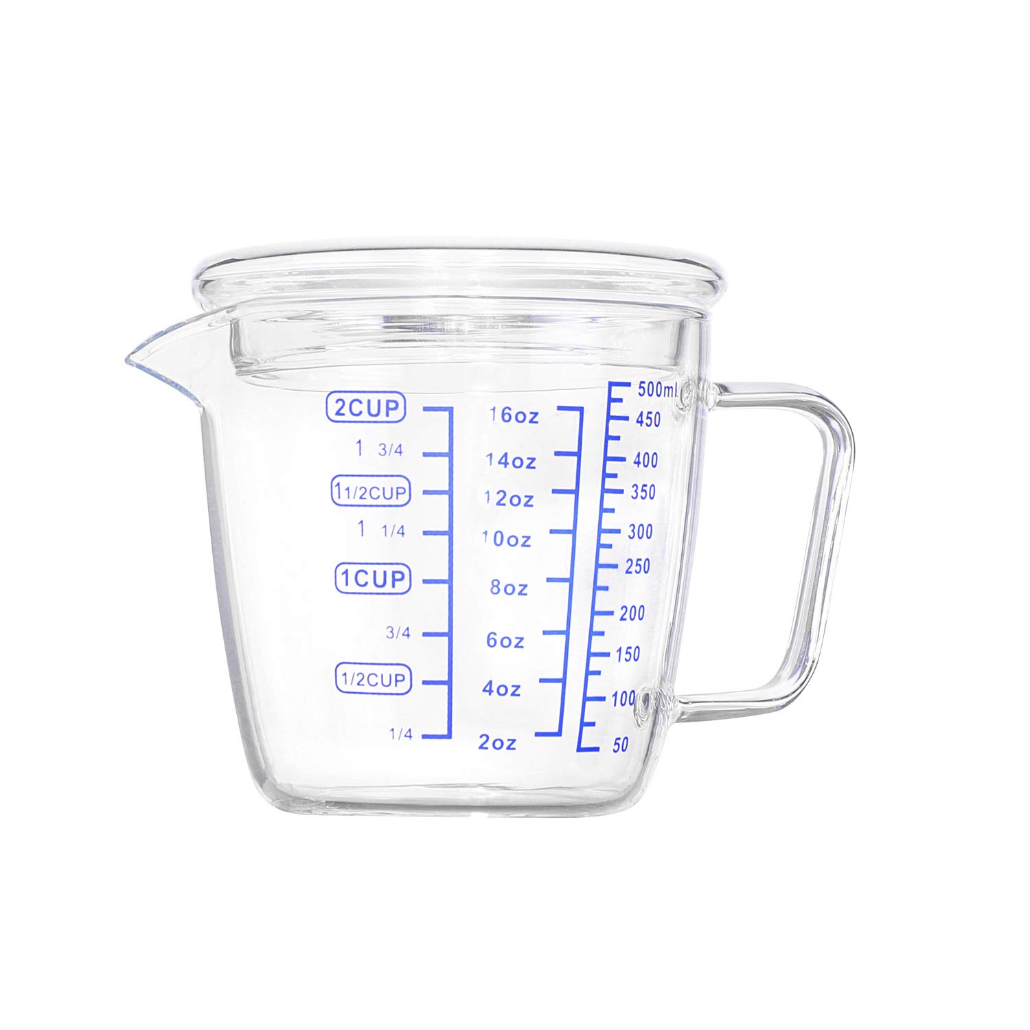 Measuring Jug 250ml/500ml Glass Measuring Cup Heat Resistant High Borosilicate Transparent Beaker Mug with Lid 8.5/17oz Solid Ounce Cup Fluid Accuracy Measure Tool for Microwave,Tea,Cafe,Whiskey,Milk