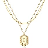 MEVECCO Dainty Gold Initial Necklace for Women 18K Gold Plated Layered Paperclip Link Chain Necklace Personalized Cute Hexagon Letters for Women Everyday Wear Jewelry