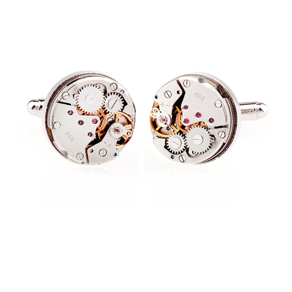 HONEY BEAR Mens Vintage Watch Movement Cufflinks with Box, Round Silver 2
