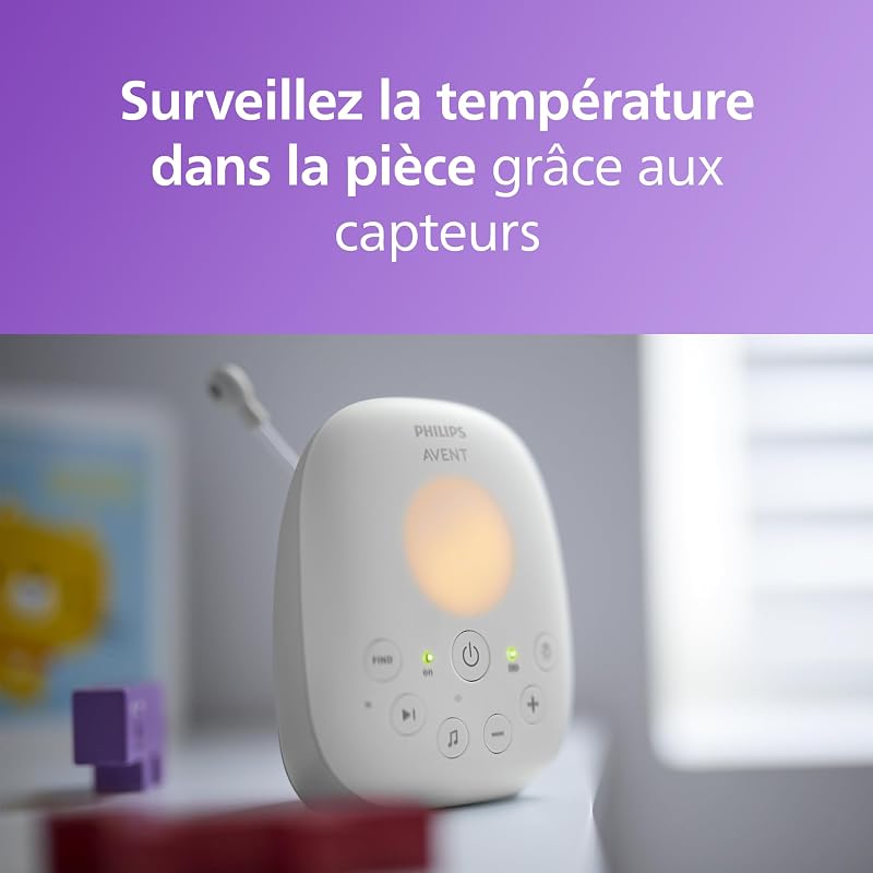 Philips Avent DECT - Écoute-bébé Audio avec veilleuse et berceuses, Conversation bidirectionnelle, portée de 330m, autonomie de 18h, Connexion sécurisée, capteur de température, Son Clair, SCD713/26
