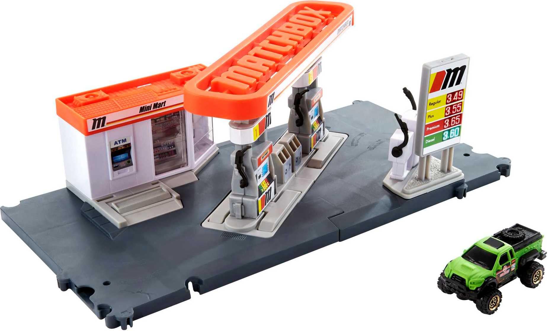 Juego de coches de juguete Matchbox, estación de combustible para conductores de acción y camión de juguete a escala 1:64, mangueras de gas móviles y funciones activadas por el coche