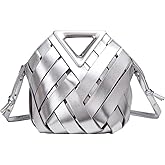Unique Design Woven Bucket Bag for Women, Vegan Leather Tote Purse with Multi-Function Top Handle Clutch Handbag Retro Style (Silver)