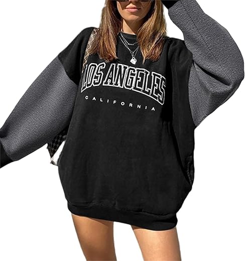 LilyCoco Women's Graphic Oversized Sweatshirt Long Sleeve Crewneck Pullover Top Black Large