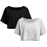 RoseSeek Women's 2 Packs Oversized Tshirts Scoop Neck Short Sleeve Crop Tops Basic Summer T Shirt Tops