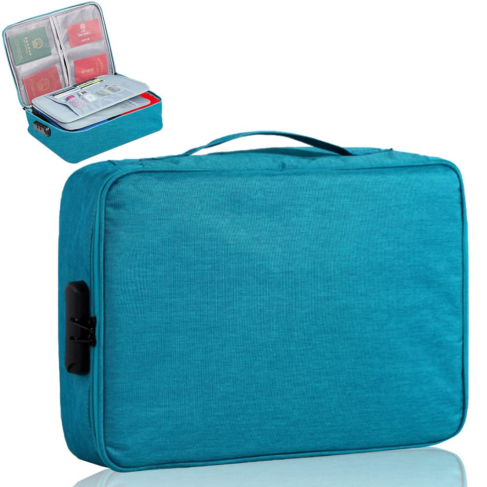 Document Organizer with Code Lock, Multi-Layer File Storage Bag,A4 Size Home Office Travel Safe File holder for Certificates Passport Documents Tablet Money(Lake Green)
