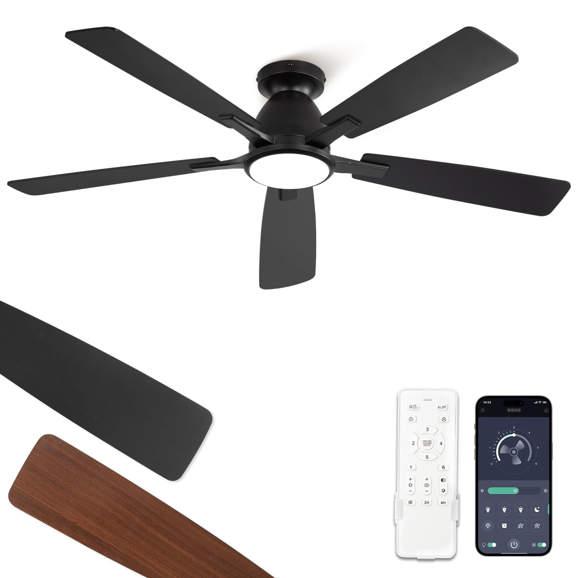 Photo 1 of Fanbulous 52 inch Ceiling Fans with Lights, Smart Flush Mount Ceiling Fan and Remote APP, Modern Low Profile, 3CCT 20W LED with 6-Speeds Quiet Reversible Motor for Bedroom, Living Room, Kitchen, Black