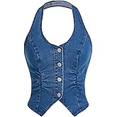 SweatyRocks Women's Asymmetrical Hem Button Down Slim Fit Sleeveless Halter Denim Vest Tops