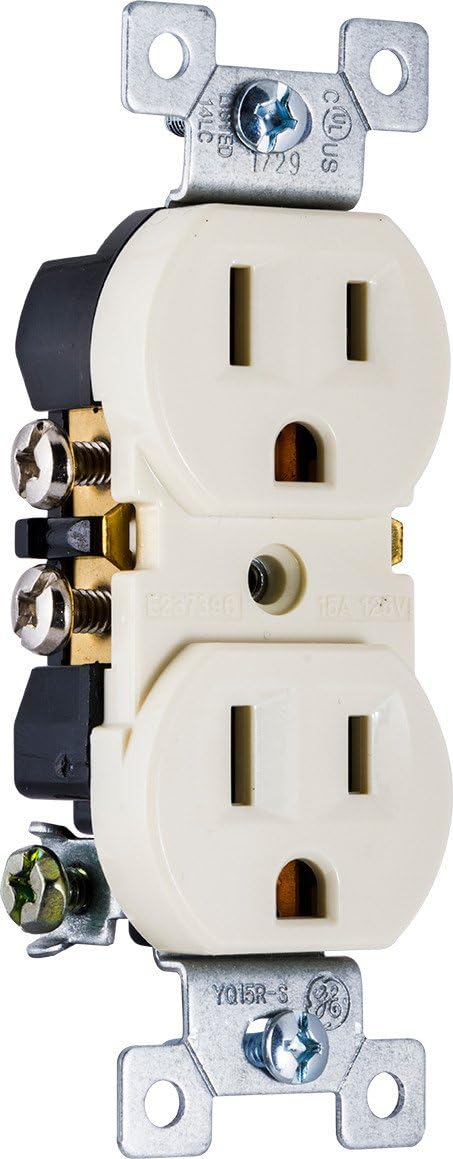 GE, Ivory, Grounding Duplex Outlet, In Wall Receptacle, 3 Prong Electrical Socket, Easy Install, 15 Amp, UL Listed, 54308, Standard - Electrical Outlets - 