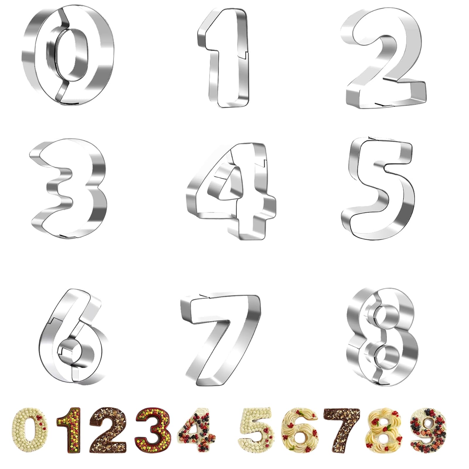 MAEXUS Set of 9 Number Cutters, Stainless Steel Biscuit Cutters, 0-9 Digital Shape Cookie Cutter, Digital Baking Mould, Washable and Repeatable, for Homemade Baking, Biscuits, Cake Decorations