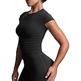 Aoxjox Women's Cap Sleeve T-Shirts Crew Neck Velura Ruched Tee Without Padded Workout PlushFlex™ Gym Yoga Crop Top