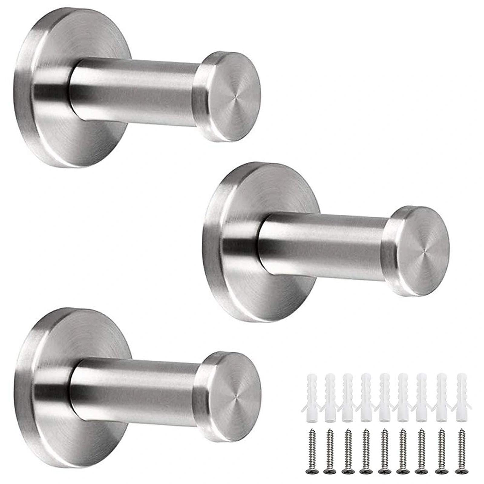 NewZC Wall-Mount Robe and Towel Hooks 3 Pieces Round Stainless Steel Coat Hanger Bathroom Brushed Nickel Shower Hook Chrome Hanging Hooks for Hotel Kitchen Bedrooms Toilet Lavatory Closets Clothes Hat