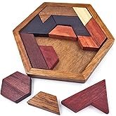 KINGOU Wooden Hexagon Tangram Brain Teaser Puzzle | Size 5.5" x 4.8", 11 timber blocks with box, water-based paint, for kids and adults family game