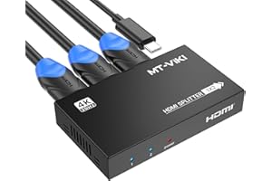 MT-VIKI Upgraded 4K HDMI Splitter 1 in 2 Out, 1x2 Slim Powered HDMI Splitter for Dual Monitors, 4K@30Hz, Duplicate/Mirror for PS4 Fire Stick HDTV